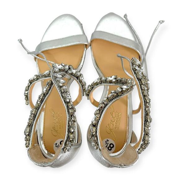 Jewel Badgley Mishka NEW Thamar Crystal Strappy Block Heel Silver Women's Sz 8.5 - Picture 11 of 14